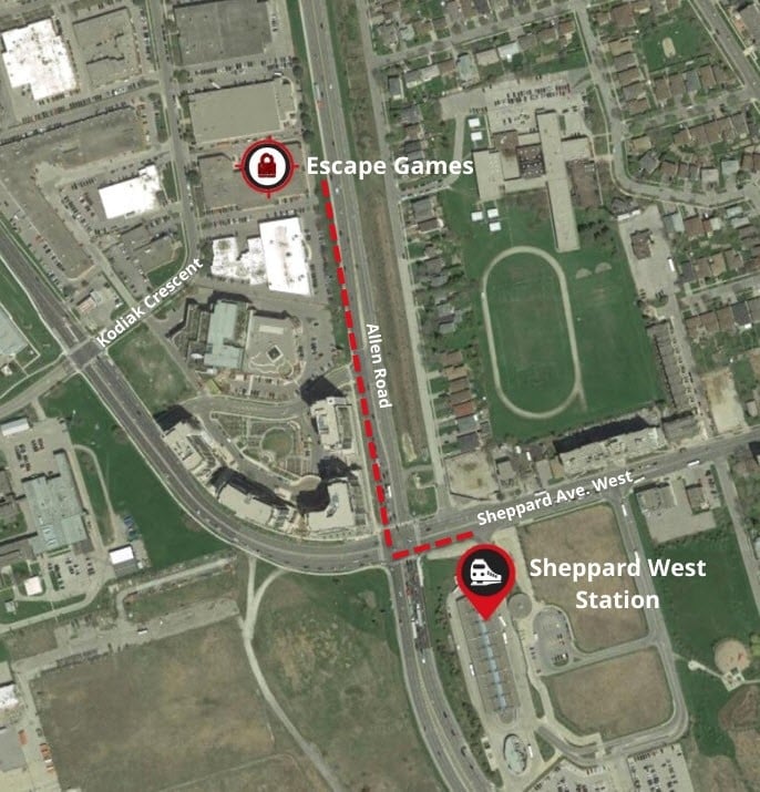 Walking map directions to Escape Games, from Sheppard West Train Station